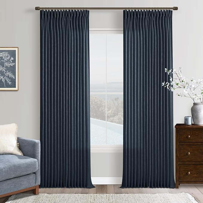 Dark Blue Memory Trained Linen Pinch Pleated Semi Sheer Curtains 108 Inches | by Twodrapes
