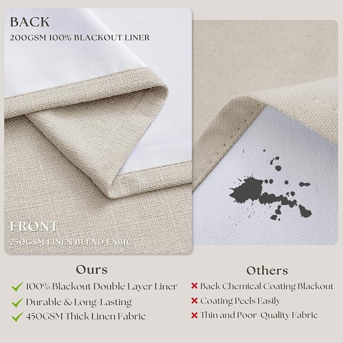 60 Inch Wide Pinch Pleated 100% Blackout Curtains 92 Inches Long, Natural | - Image 5