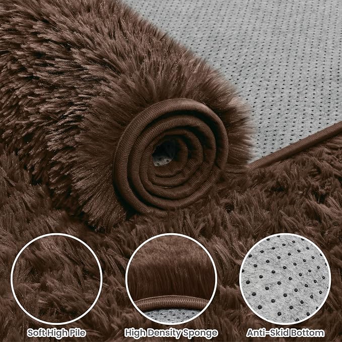 5x8 Fluffy Shag Area Rugs for Living Room Bedroom: Soft Plush Carpet Brown | - Image 6