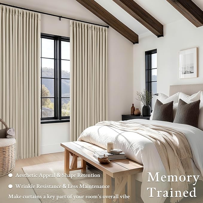 Oatmeal Linen Pinch Pleated Blackout Curtains 96 Inches Long 2 Panels Set | - Image 5