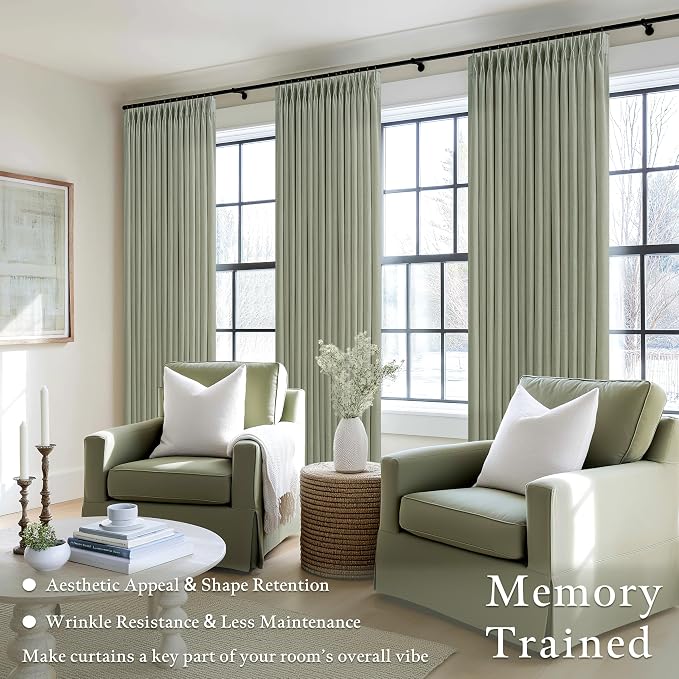 96 Inch Sage Green Linen Pinch Pleated Light Filtering Curtains 2 Panels | - Image 2