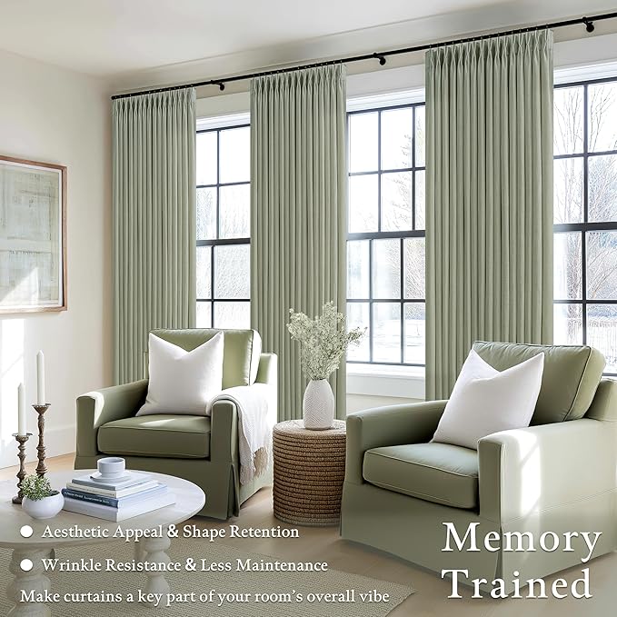 Thick Linen Pinch Pleat Sage Green Light Filtering Curtains 102 Inches Long | - Image 2