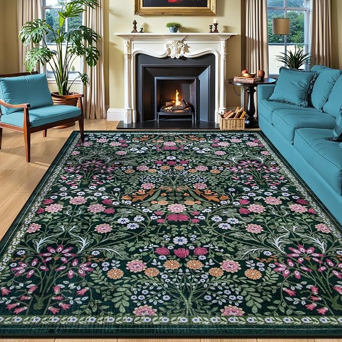 PLHXFR 8x10 Area Rug Living Room: Floral Washable Boho Carpet Dark Green | by PLHXFRSoftAreaRugs