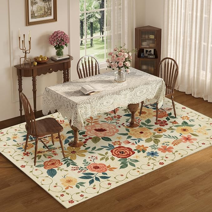 DUKINO 8x10 Area Rug, Floral Washable Living Room Rug Non Slip Beige Yellow | - Image 8