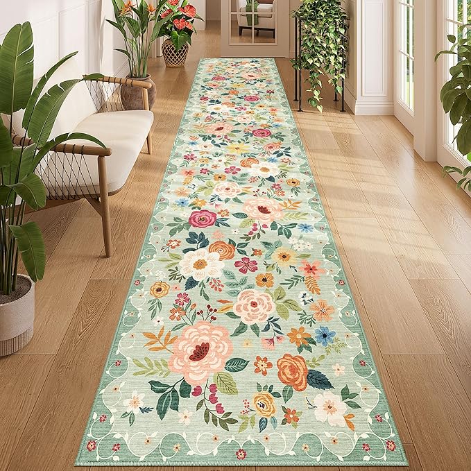 DUKINO 2.6x12 Kitchen Runner Rug, Floral Non Slip Long Washable Rug, Stain by DUKINO