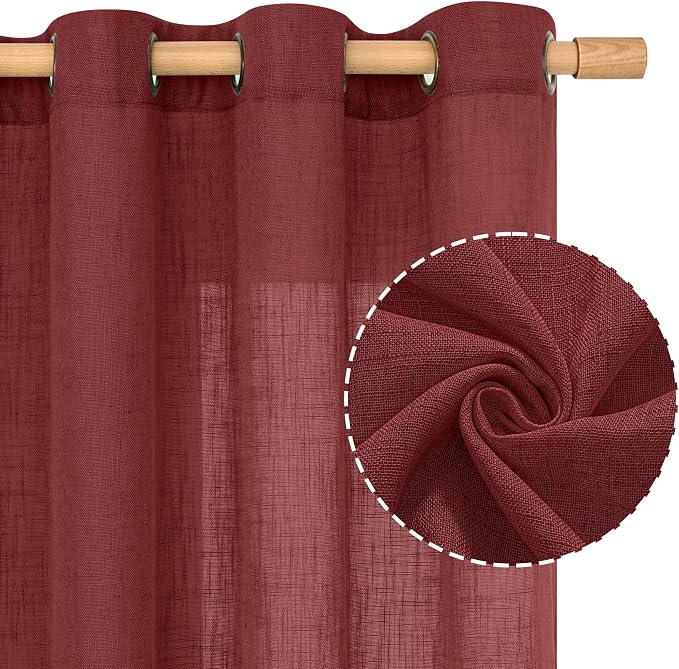 Red Sheer Linen Curtains 45 Inch Length, Linen Textured Light Filtering Panels - Image 2