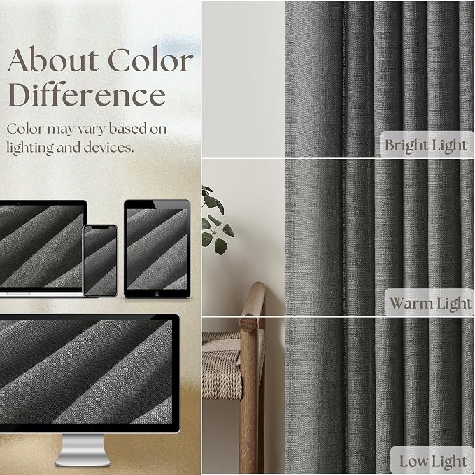 Charcoal Gray Linen Pinch Pleat Semi Sheer 108 Inch Curtains 2 Panels Set | - Image 4