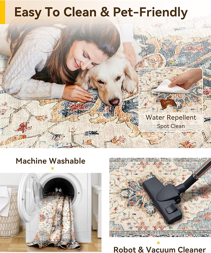 RELEANY Washable Area Rug, Small 2'x3', Water Repellent, Pet Friendly, Vintage - Image 4