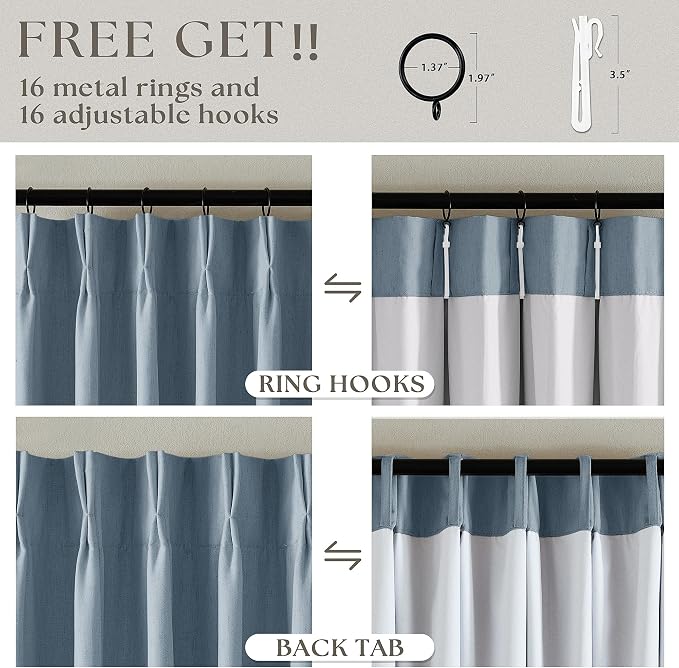 Light Blue Pleated Linen Blackout Curtains 90 Inches Long 2 Panels W40xL90 | - Image 5