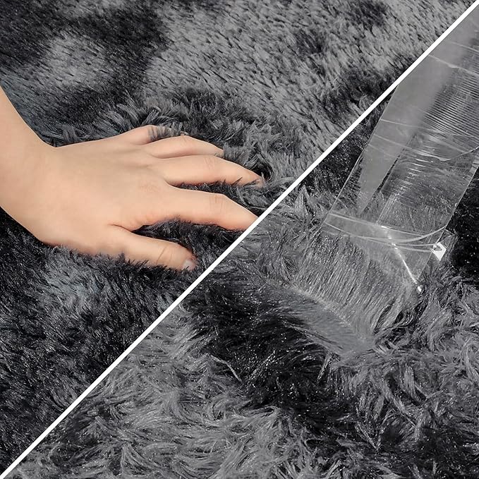 Tie-Dyed Runner Rug for Bedroom Black Grey 2x5ft Fluffy Area Rug Bedside Runner - Image 6