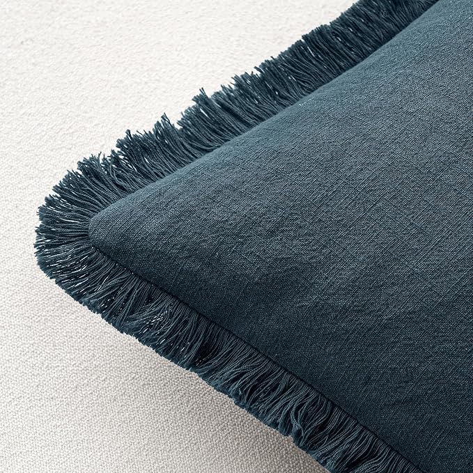 MIULEE Linen Fringe Decorative Euro Throw Pillow Covers Navy Blue 26x26 | Set - Image 3