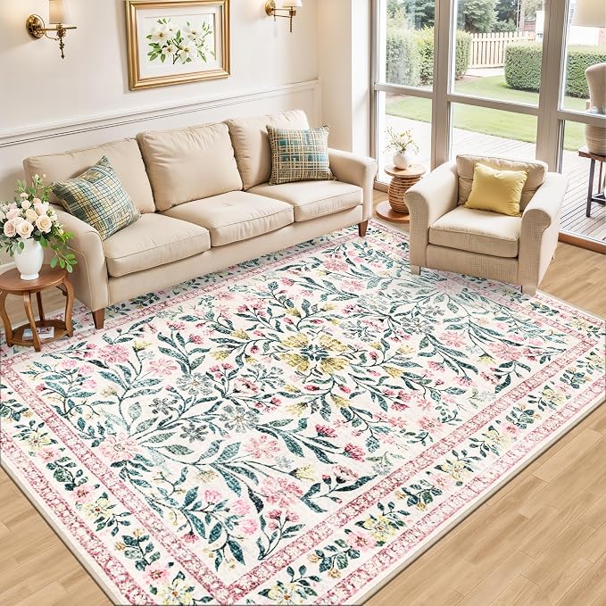PLHXFR Area Rug Living Room: 5x7 Floral Washable Boho Carpet Pink Green | - Image 2