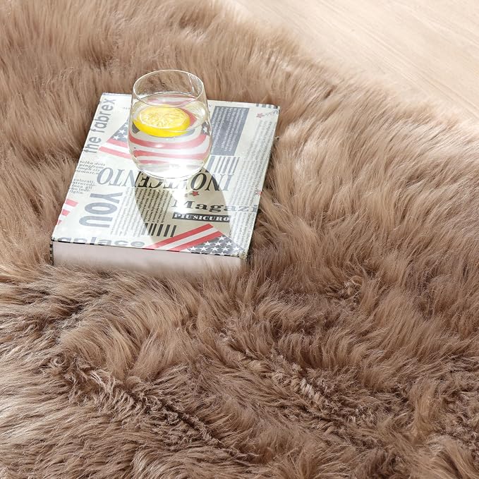 ORINOVA Beige Fuzzy Living Room Washable Area Rug 5ft Round Shag Faux Sheepskin - Image 9