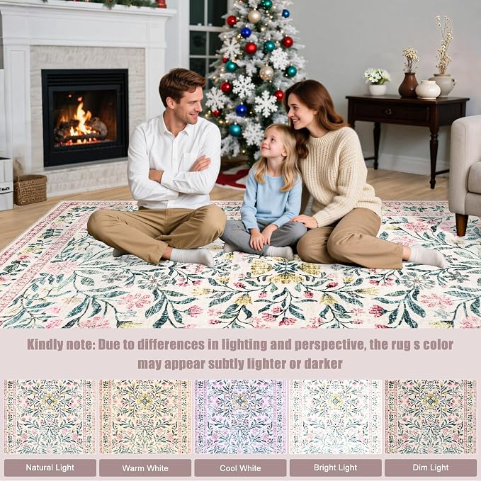 PLHXFR Area Rug Living Room: 3x5 Floral Washable Boho Carpet Pink Green | - Image 9