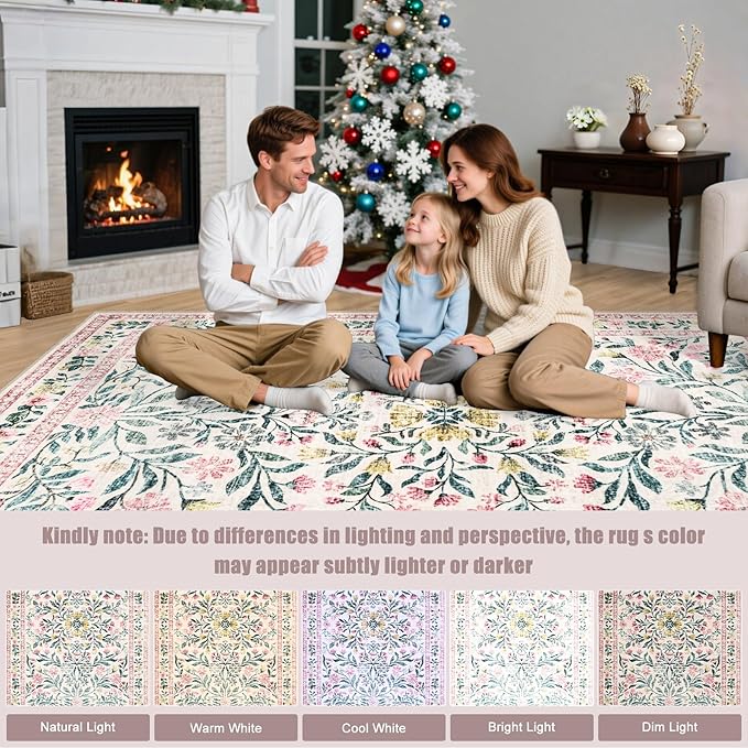 PLHXFR Round Area Rug Living Room: 8 ft Floral Washable Carpet Pink Green | - Image 9