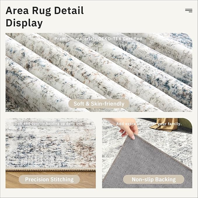 Soalmost 7x10 Area Rug for Living Room Washable Rugs Non-Slip Blue/Ivory | - Image 6