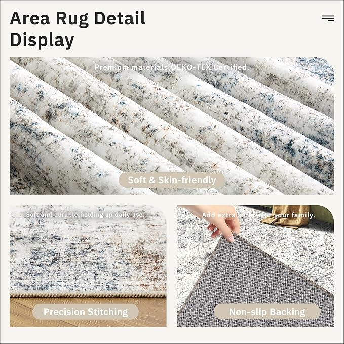Soalmost 10x12 Area Rugs for Living Room Washable Rug Non-Slip Blue/Ivory | - Image 6
