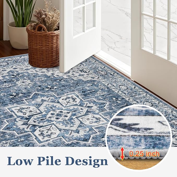 Round Area Rug for Living Room: 8ft Washable Rug for Bedroom Blue | Vintage - Image 8