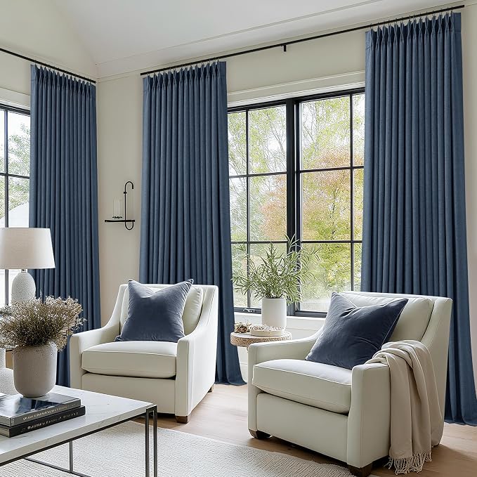 Navy Blue 108 Inch Pinch Pleated Blackout Linen Bedroom Curtains 2 Panels | - Image 8