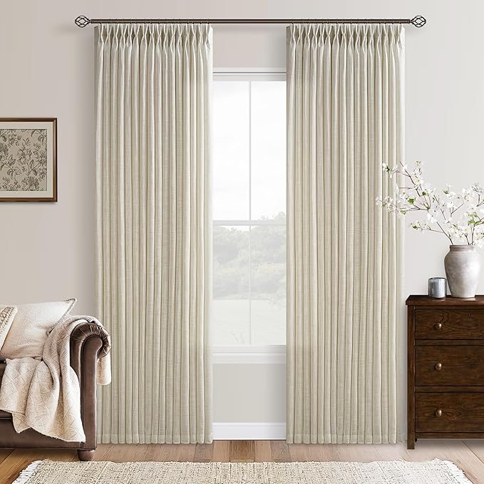 Farmhouse Linen Semi Sheer Pinch Pleated Curtains Warm Ivory 90 Inches Long | by Twodrapes
