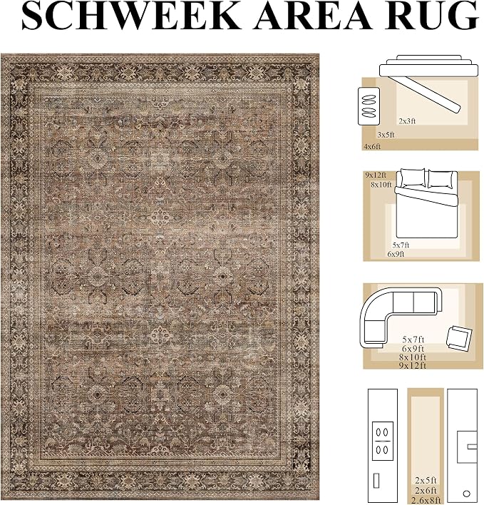 Schweek 2x3 Entryway Rugs Indoor Washable Vintage Area Rug Non Slip Brown | Low - Image 2