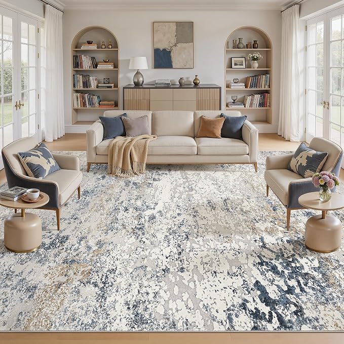DMOYEST Area Rug Living Room Rugs 12x14 Extra Large Beige Blue Carpet | - Image 3