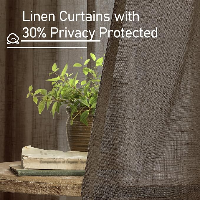 Dark Brown Linen Sheer Curtains 54 Inch Length 2 Panels, Short Linen Textured - Image 6