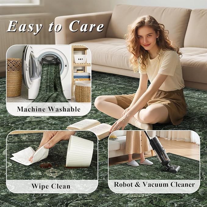 Schweek Green 5x7 Area Rug for Living Room Washable Non Slip Neutral Rugs | - Image 7