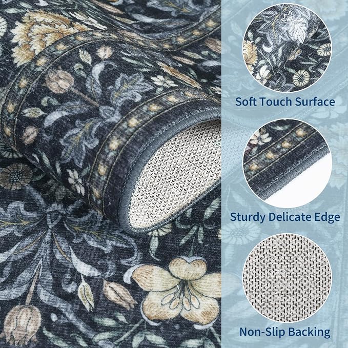 GarveeHome Washable Area Rug 6x9, Soft Vintage Floral Bedroom Rug Non Slip Low - Image 4