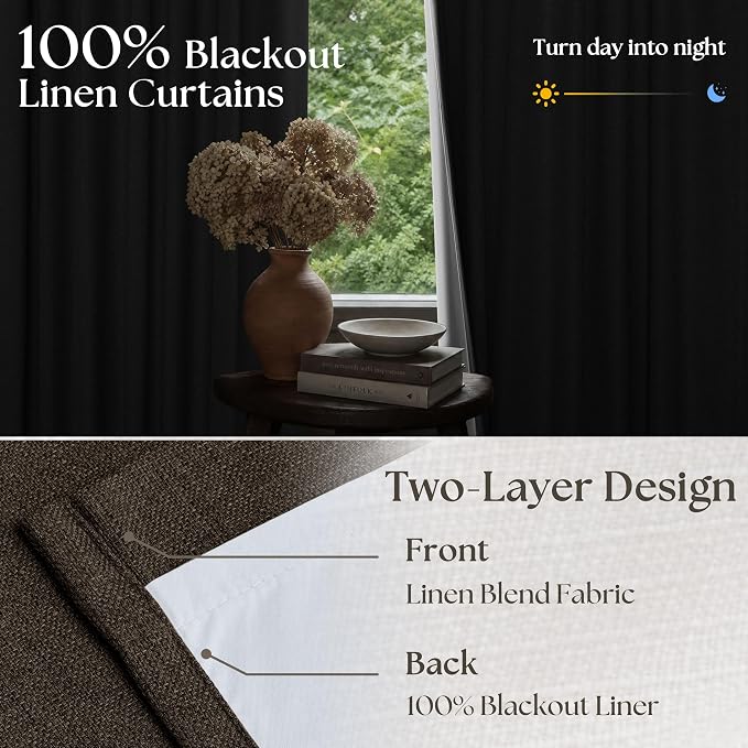 Dark Chocolate Pinch Pleated 100% Blackout Linen Bedroom 80 Inch Curtains | - Image 4