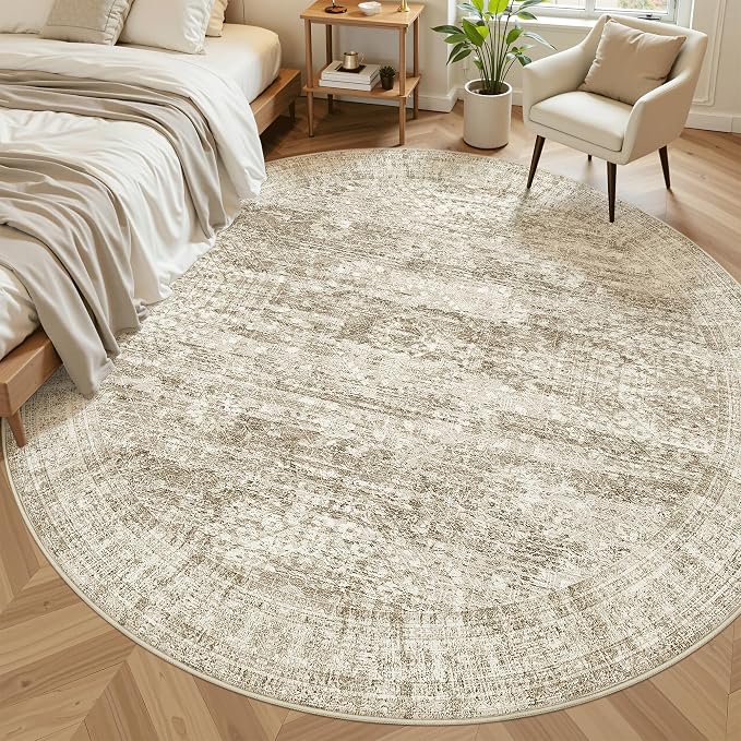 Soalmost Round Rugs 8ft Living Room Circle Area Rug 8x8 Brown Vintage | - Image 2