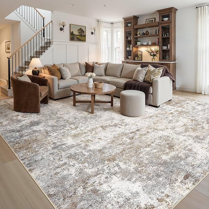 UERMEI 12x14 Area Rug Living Room Rugs Extra Large Brown Grey Carpet | Washable - Image 2