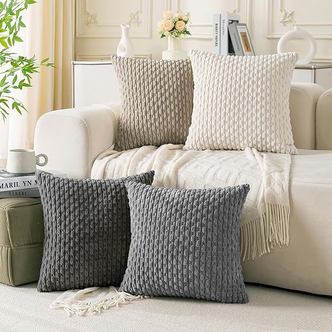 Set of 4 Grey White Taupe Decorative Throw Pillow Covers 24x24 Inch Corduroy by Cozoomy