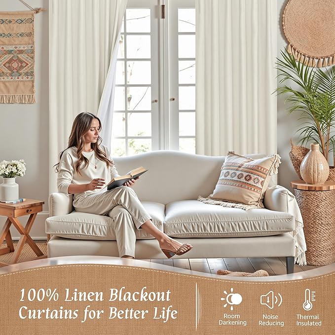 Ivory 100% Blackout Linen Curtains 84 Inches Long 2 Panels | Linen Textured - Image 2