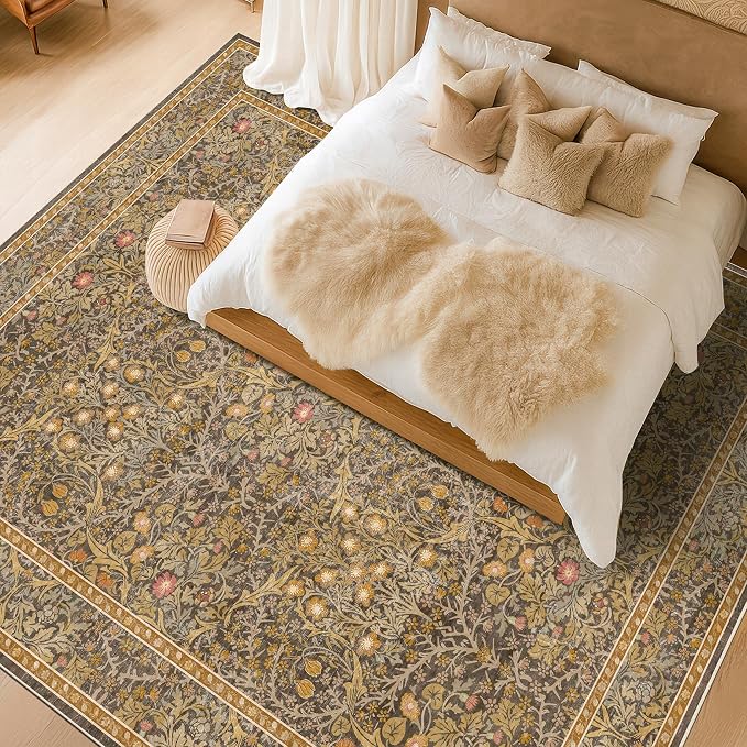 Vintage Gold Brown Living Room Rug, 7x10 Washable Area Rugs - Image 3