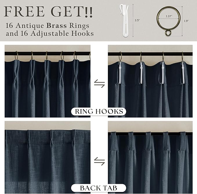 120 Inch Pinch Pleated Linen Navy Semi Sheer Curtains - Image 5