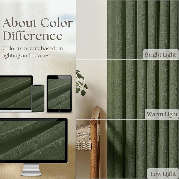 Farmhouse Linen Blend Pleated Olive Green Curtains 102 Inches Long 2 Panels | - Image 4