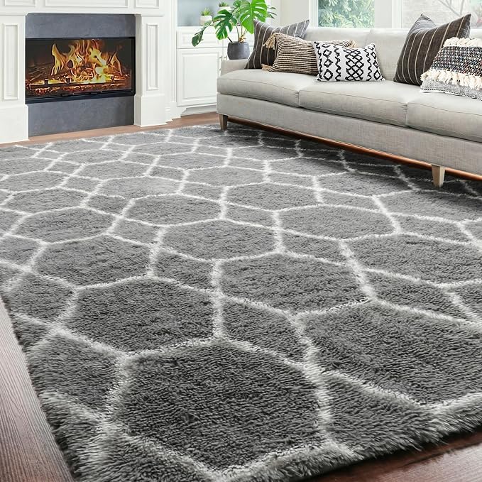 7x9 Area Rugs for Living Room Bedroom, Fluffy Grey and White Geometric Rug | - Image 5