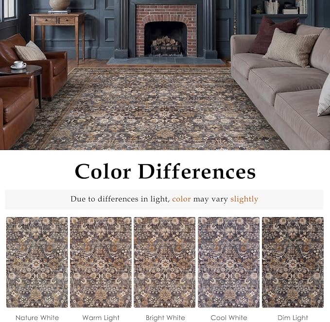 8x10 Brown Blue Vintage Floral Washable Area Rug - Image 9