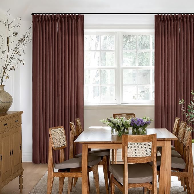 Chestnut Brown 84 Inch Pinch Semi Sheer Pleated Linen Curtains 2 Panel Set | - Image 6