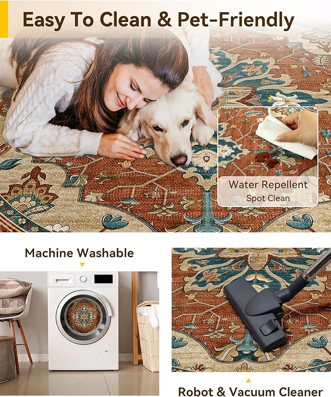 RELEANY Washable Area Rug, Round 5ft, Water Repellent, Pet Friendly, Vintage - Image 5