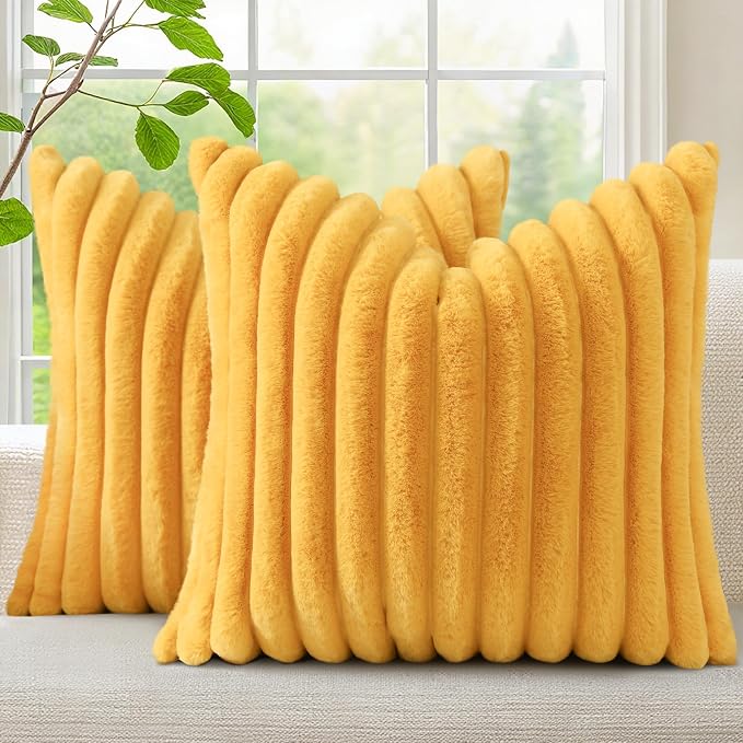 decorUhome Fall Faux Fur Throw Pillow Covers 16x16 Set of 2 Mustard Yellow | by decorUhome