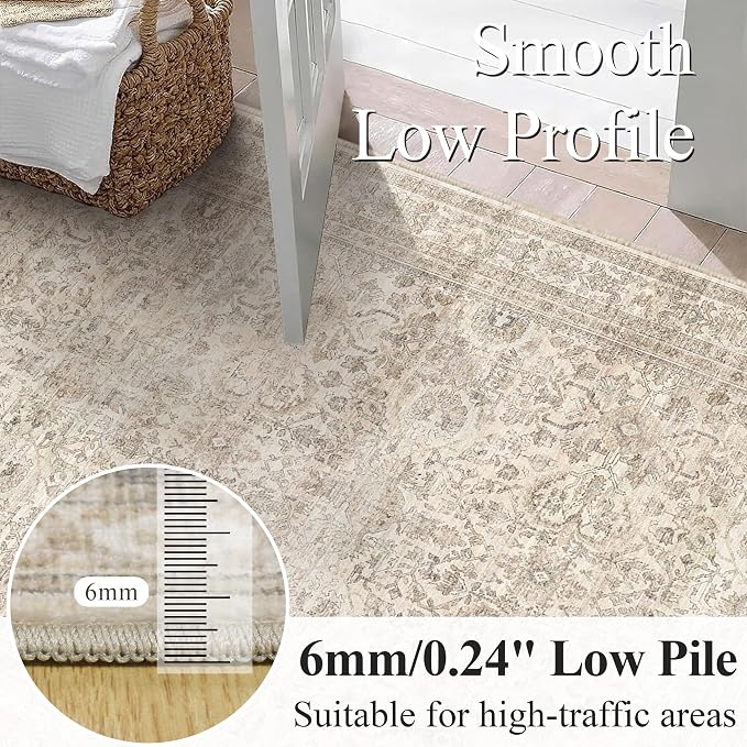 Schweek 10x14 Washable Large Area Rug Beige Neutral Vintage Distressed Rugs | - Image 4