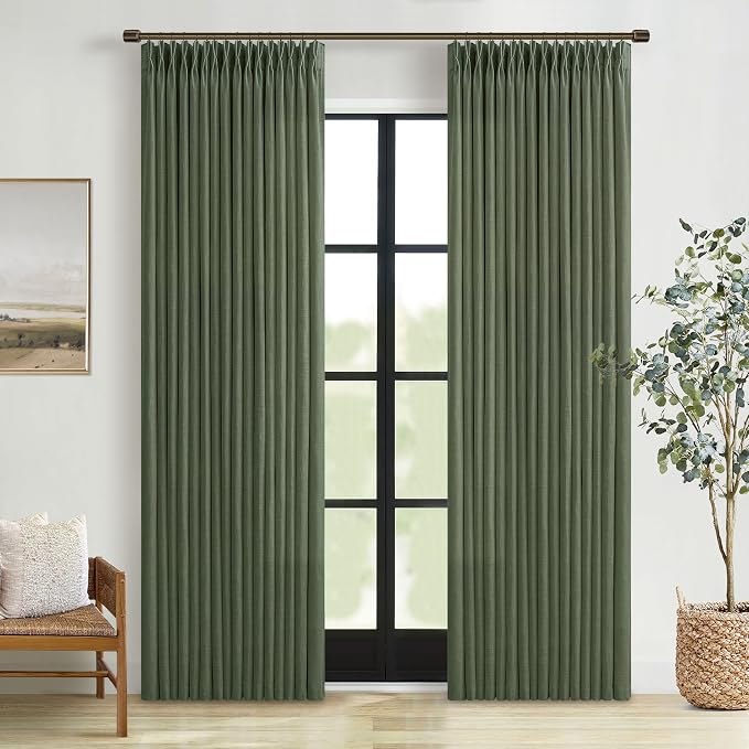 Dark Green Semi Sheer Privacy Linen Pinch Pleated Curtains 108 Inch Long | by Twodrapes