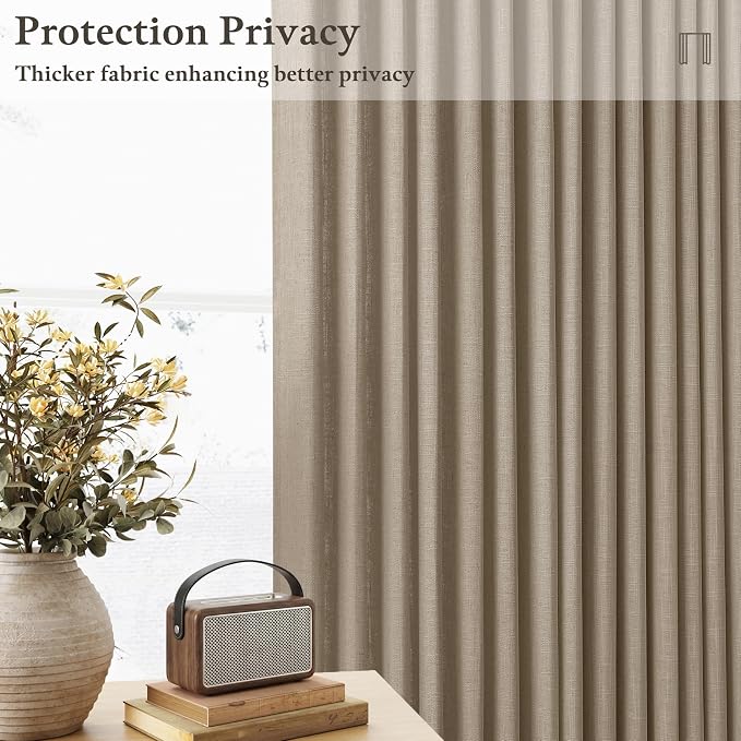 Pinch Pleated Semi Sheer Camel Tan Linen Curtains 96 Inches Long 2 Panels | - Image 3