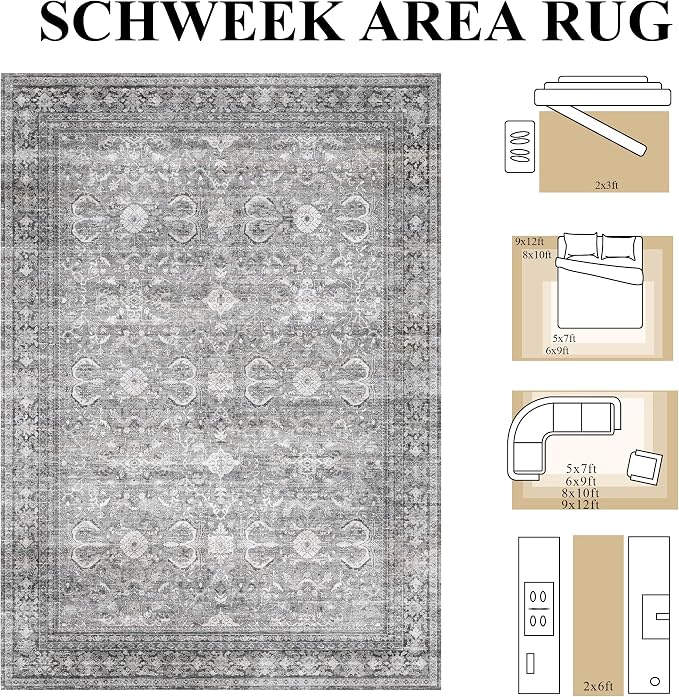 Schweek Grey 6x9 Area Rug Non-Slip Washable Vintage Rugs - Image 2