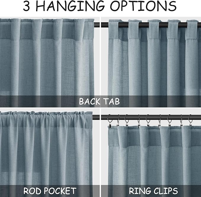 Light Blue Linen Curtains for Living Room Bedroom 100 Inches Long Back Tab Rod - Image 2