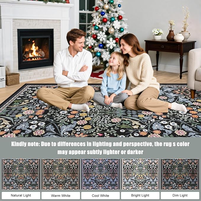 PLHXFR 8x10 Area Rug Living Room: Floral Washable Boho Carpet Dark Black | - Image 9