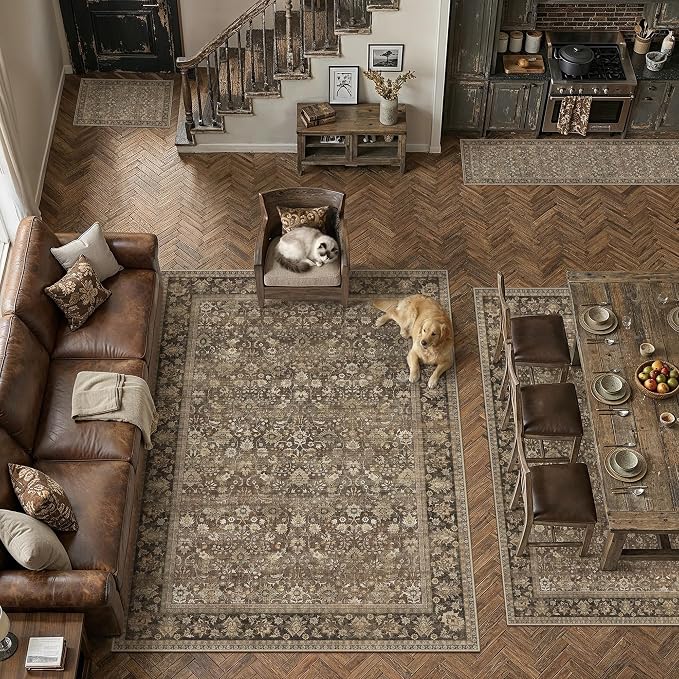 2 Piece 2x6/2x10 Washable Rug for Entryway | Brown Vintage Floral, Low Pile - Image 7