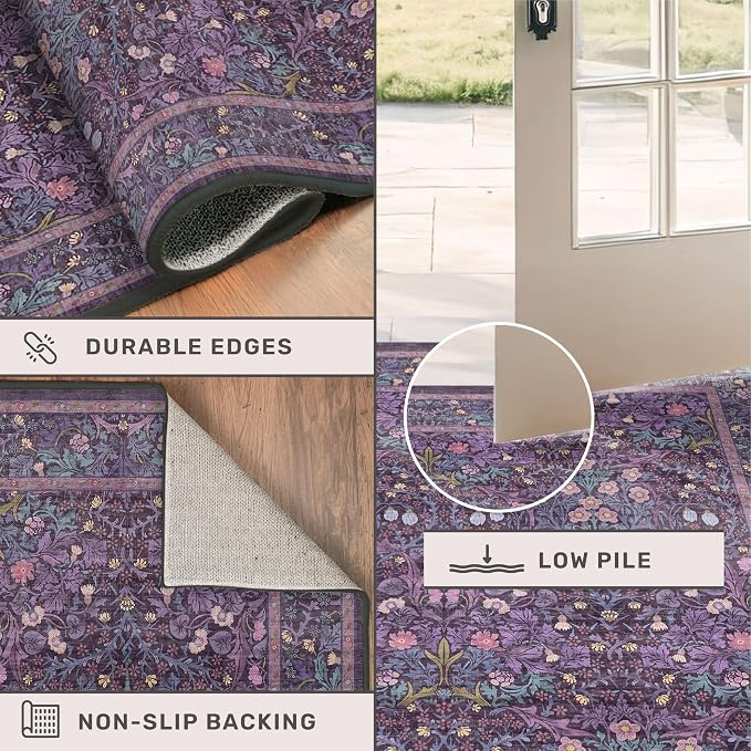 Dark Purple Living Room Rug 8x10, Vintage Violet Floral Area Rugs - Image 5